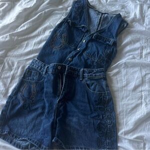 Denim Sleeveless Romper with Embroidery
(Rodeo quincy) 
Worn once
